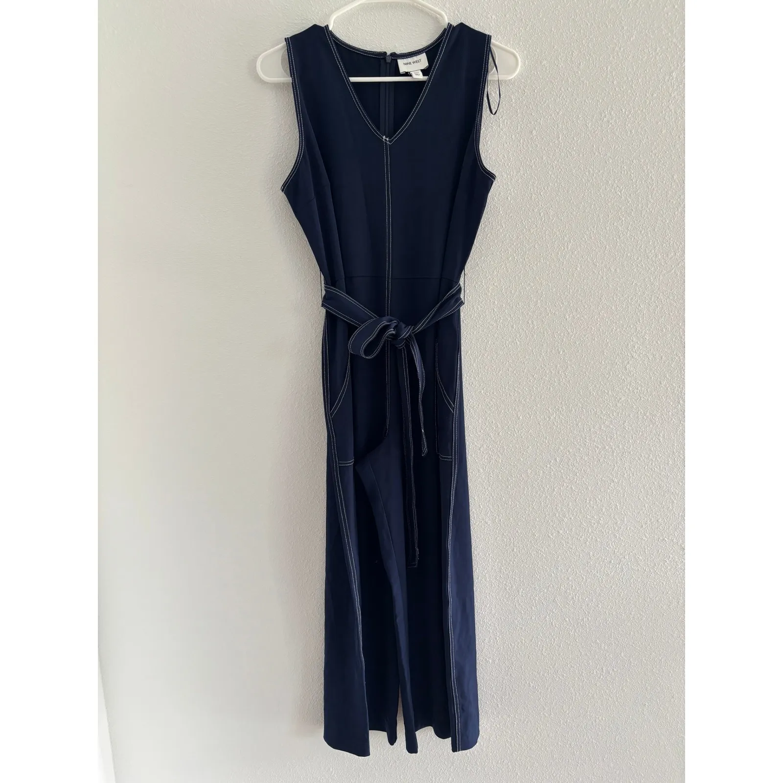 Nine West Jumpsuit‎ Womens PM Navy White Stitch Wide Leg Utility Travel Nautical - Image 5