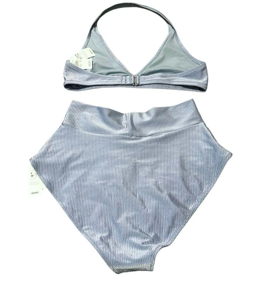 NWT AERIE Blue Shine Rib Crossover High Waist & Halter Rib Top Bikini Set Large - Image 4