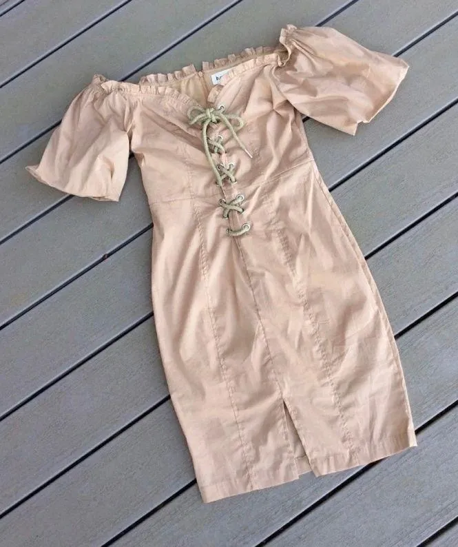 Boutique Off Shoulder Khaki Dress NWT Womens Small - Image 3