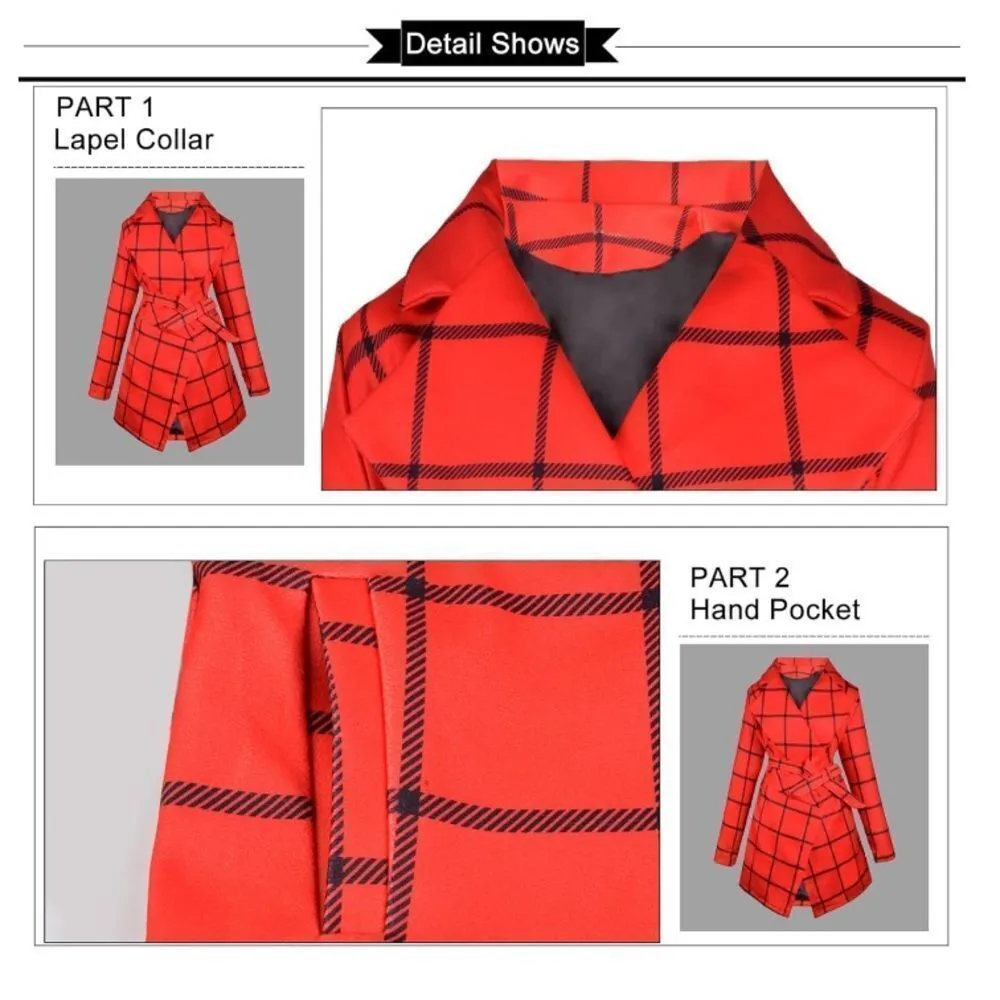 Women’s Red Turn Down Collar Wrap Trench Coat Grid Pattern Belted L (**tag XL) Size L - Image 16