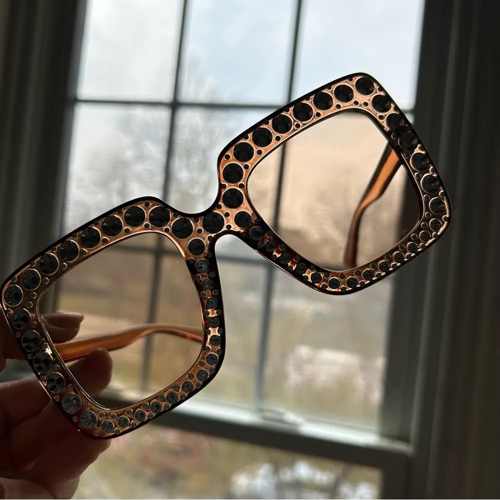 Sparkly, Fluted Rhinestone Rimmed Sunglasses, Brown, Silver Brown - Image 12