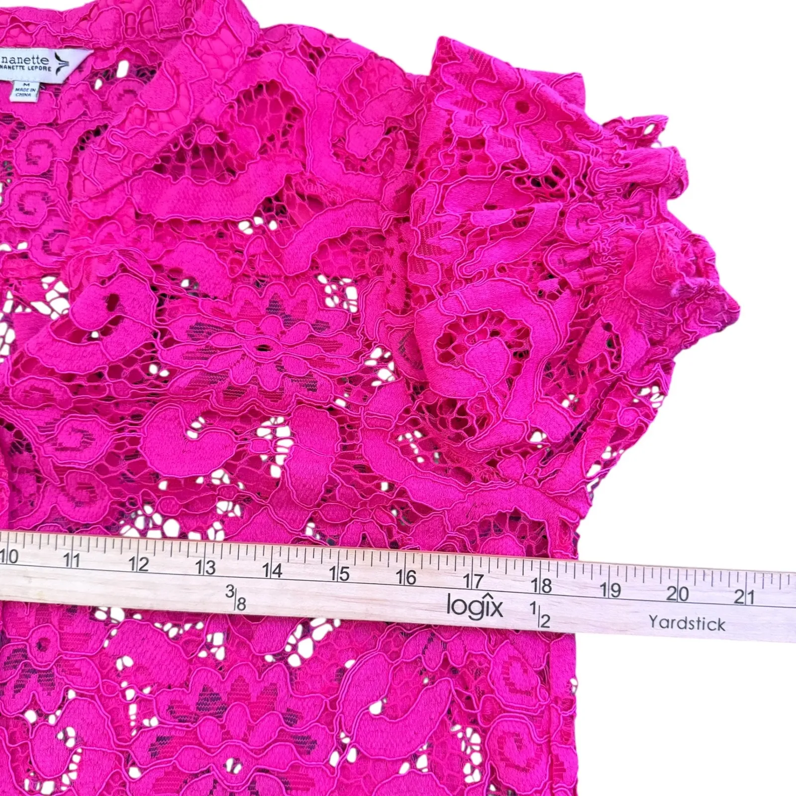 Nanette Lepore Puff Sleeve‎ Button Up Floral Lace Top Size M Pink See Through - Image 8