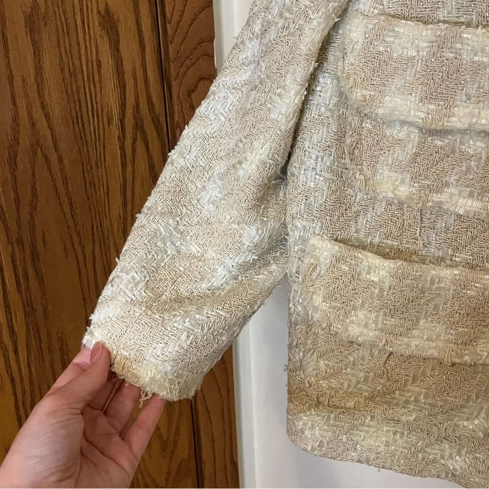 Smythe Cream Tweed Houndstooth Blazer Tan Size 10 - Image 12