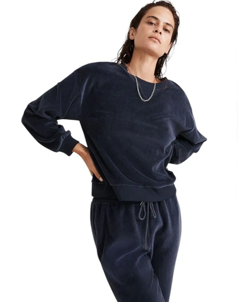 Madewell MWL Velour Crewneck Sweatshirt And Slim Joggers Set Womens XS Navy Blue - Image 3