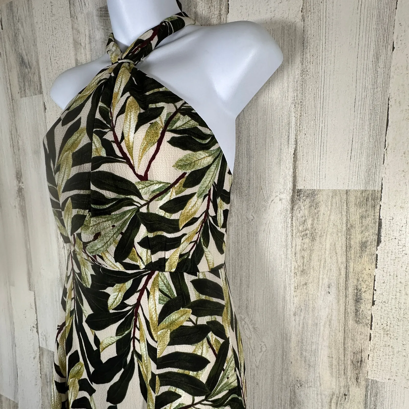 Dress Forum Tropical Maxi Dress S | Tan Green | Halter | Ruffle Hem | MSRP $88 - Image 2