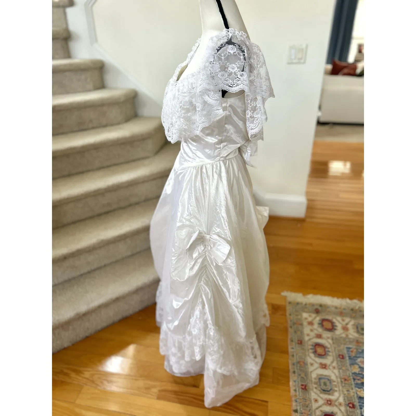 Vintage 70s White Satin Lace Off Shoulder Bow Drop Waist Gathered Dress - Image 3