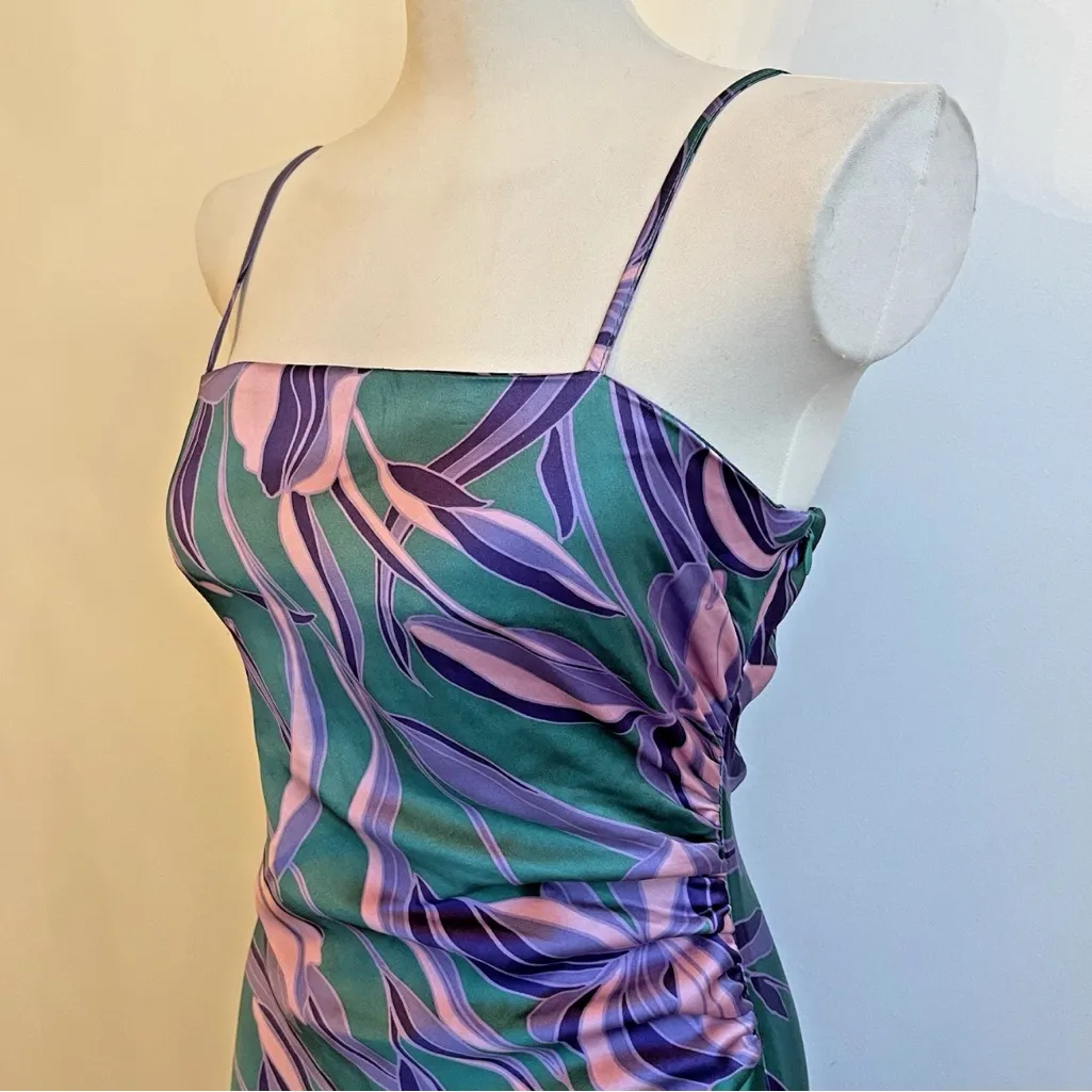 House of Harlow Long Satin Slip Dress Ruched Floral Purple Green Iris Small - Image 2
