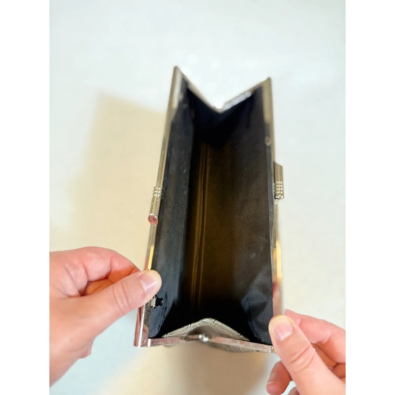 Faux Croc Embossed Clutch Evening Bag Silver Clasp Gray - Image 3