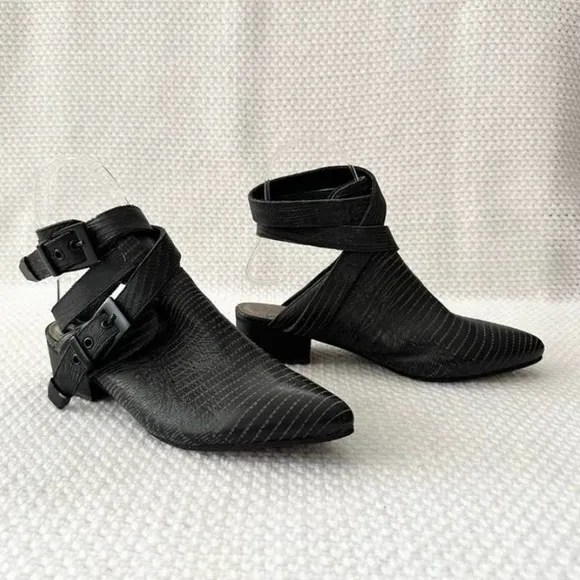 Matisse X Ascot Friday Black Leather Talon Wrap Ankle Open Back Booties 6 - Image 15