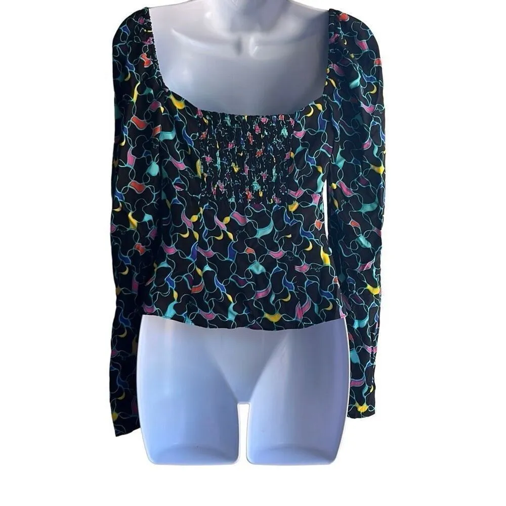 Staud Josephine Black Colorful Logo Print Side Zip Sweetheart Neck Top Blouse 12 - Image 4