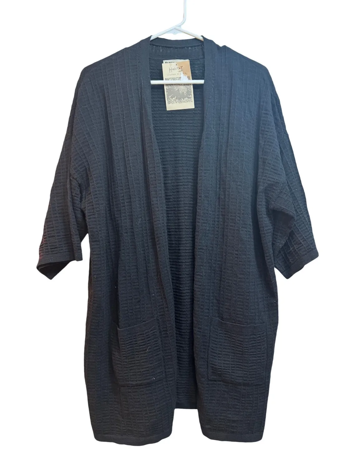 Habitat Black Textured Knit Open Front Cardigan 3/4 Sleeve Pockets Women's L - Image 1
