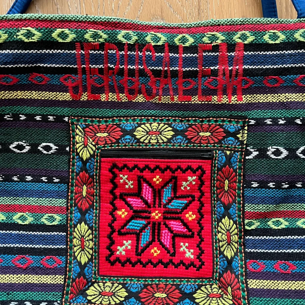 Source Unknown Black and Blue Patterned Tote Jerusalem embroidered - Image 3