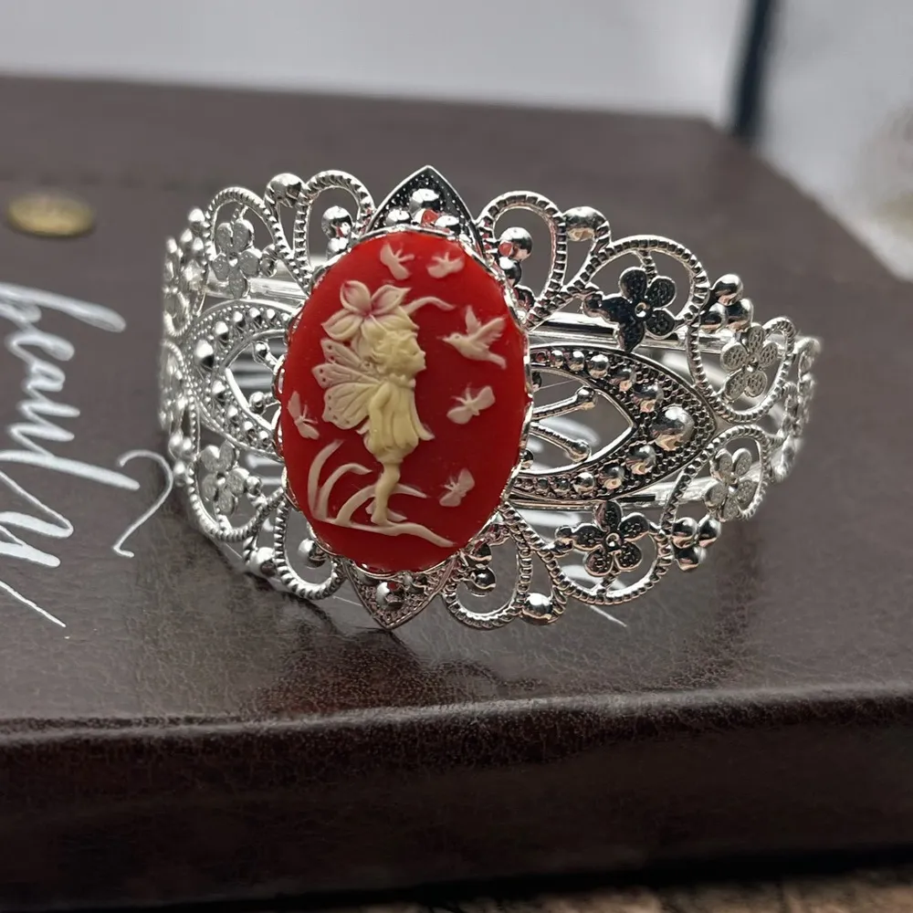 Handmade Red Fairy Cameo Filigree Cuff Bracelet | Vintage Cabochon | Whimsygoth - Image 2