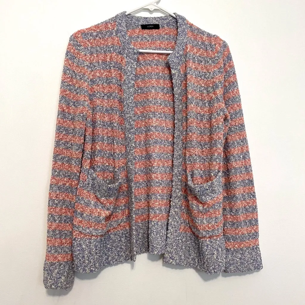 J. CREW Cardigan Sweater Tweed Stripe Blue Coral Pink / Orange Open Front Preppy - Image 2