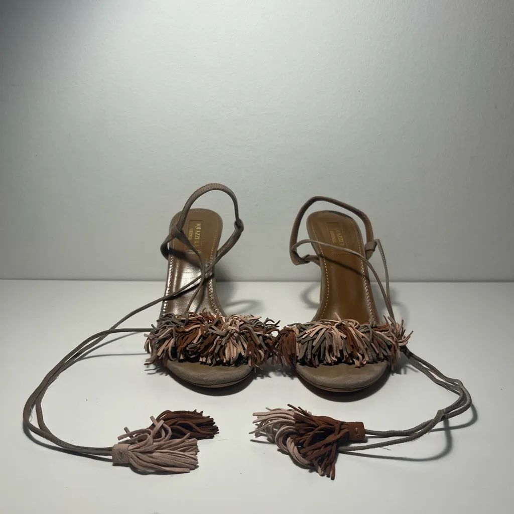 Aquazzura Suede Wild Thing Fringed Multicolor Sandals Heels Shoes Brown Size 6.5 - Image 9