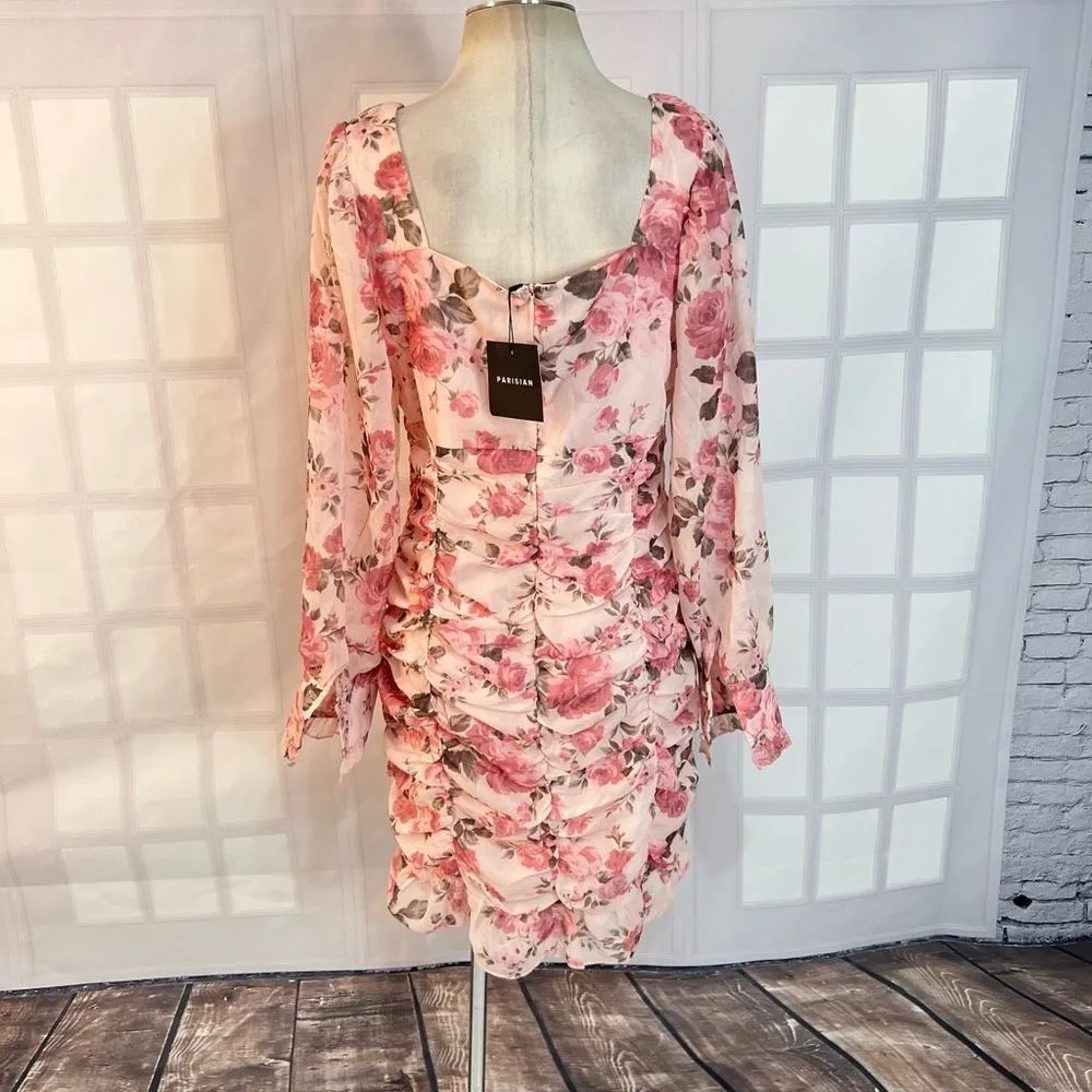 Parisian Floral Ruched Puff Sleeve Mini Dress Pink Size 12 NWT - Image 5