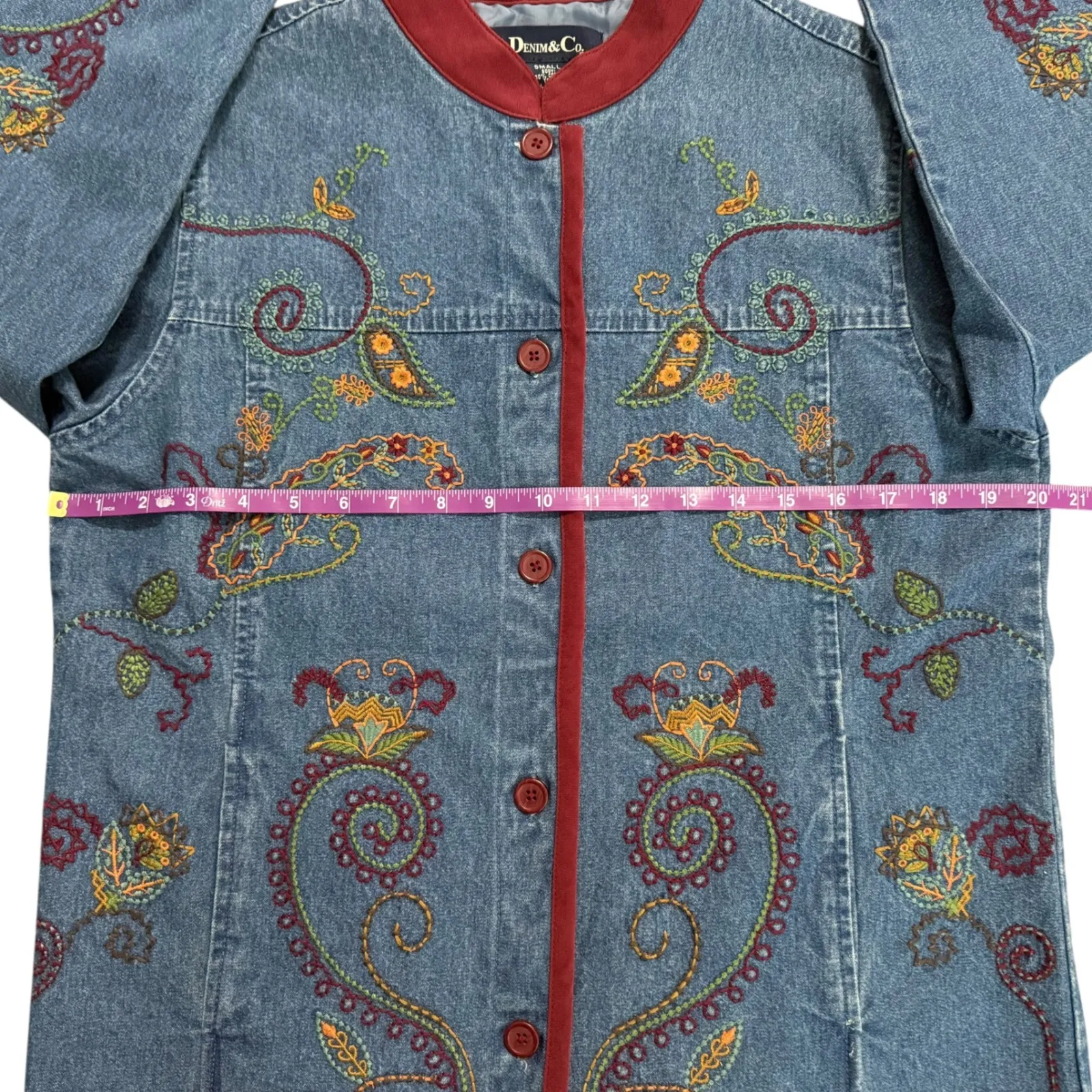 Denim Embroidered Paisley Jacket Trim Collar Boho Artsy Pockets Women Small - Image 9