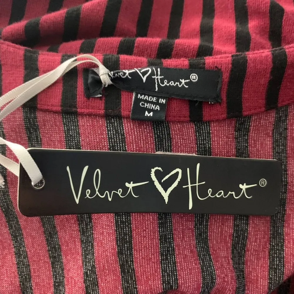 Velvet Heart Striped Midi Dress M Red Black V Neck Long Sleeve Tie Belt Goth - Image 6