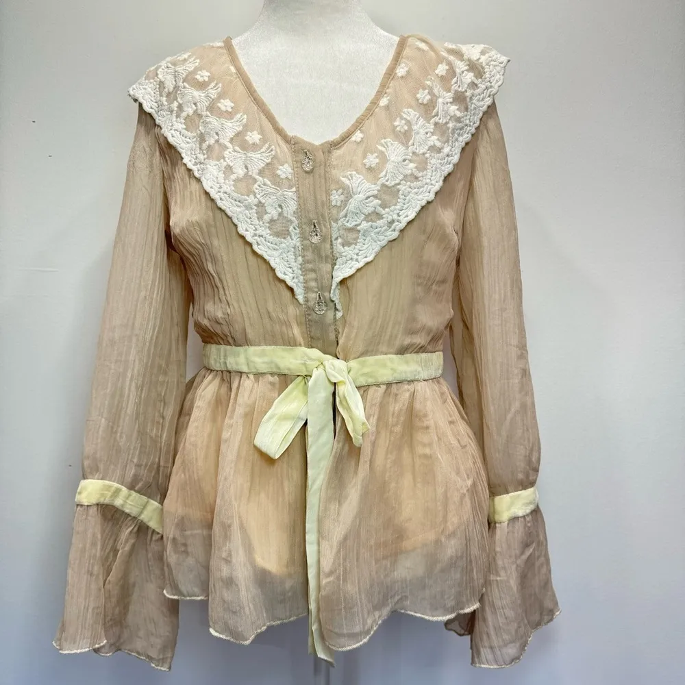 Beige Chiffon Lace Bell Sleeve Top Young Essence Fairy Regency Victorian Medium Tan - Image 2