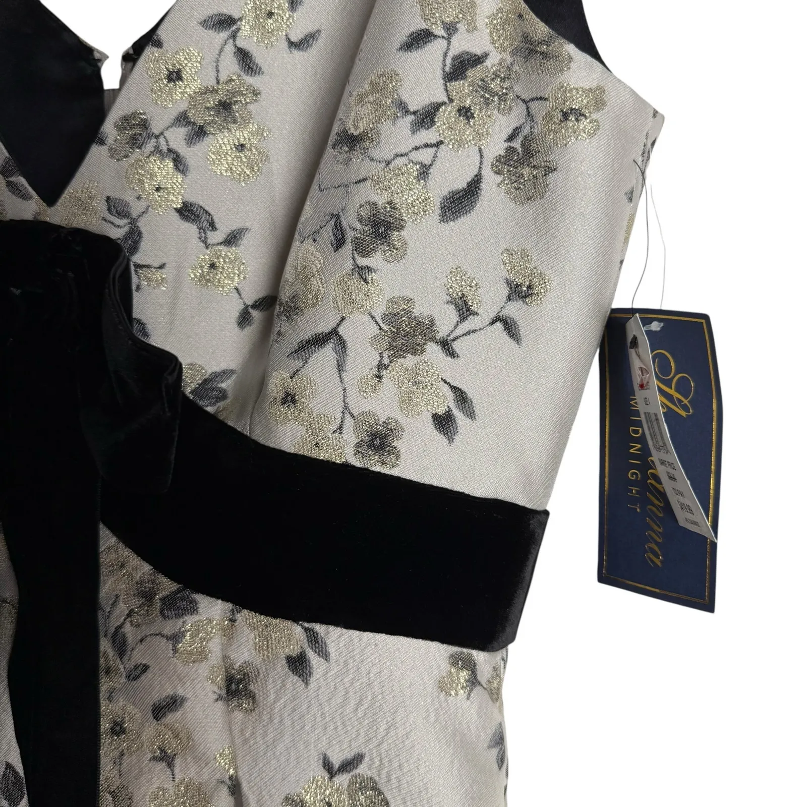 Shoshanna Meadow Ivory Satin Floral Metallic Black Bow Sleeveless Gown Sz 4 - Image 9