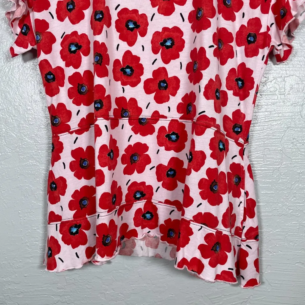 LOGO Lori Goldstein Women M Red Pink Floral Poppy Print Flutter Sleeve Shirt - Image 2