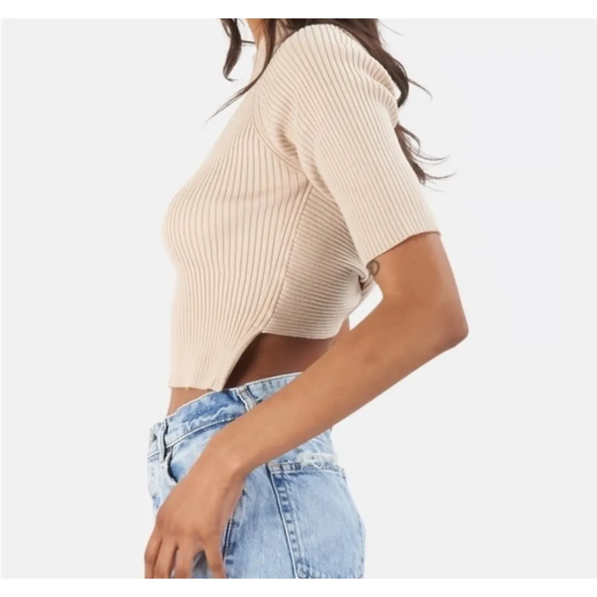 Naadam Tan Beige Ribbed Backless Twist High Neck Crop Top - Image 2