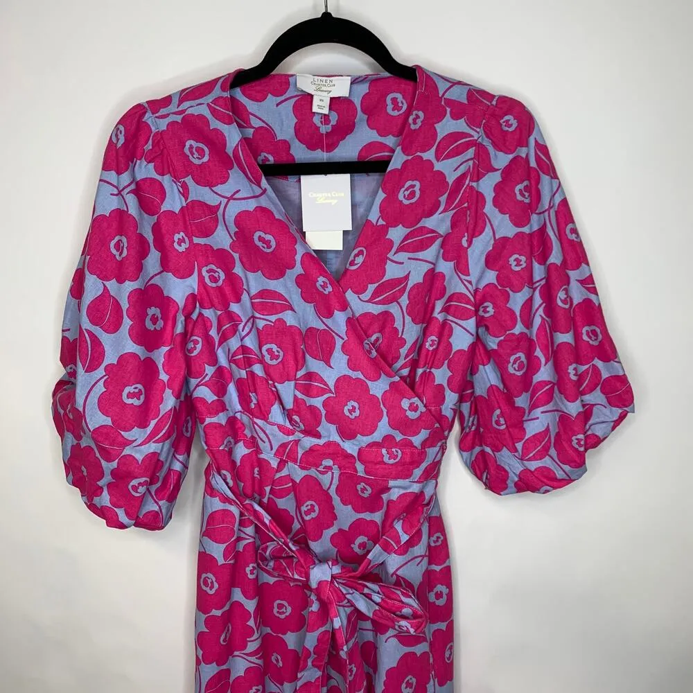 NWT Charter Club Pink Blue Floral Wrap Dress XS Linen - Image 2