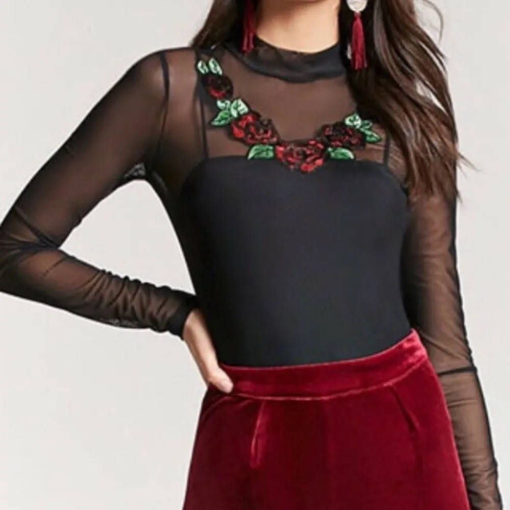 NWT Sheer Mesh Floral Sequin Embroidered Bodysuit - Image 2