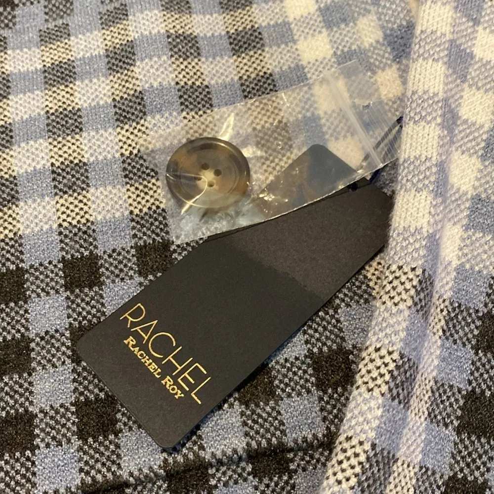 Rachel Roy Button Plaid Tartan Stretchy Boxy Knit Jacket Pale Silver Blue Gray L - Image 3