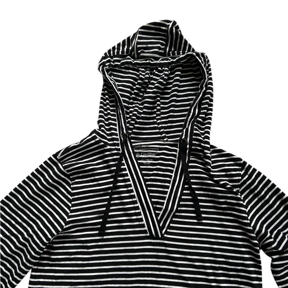 Coolibar UPF 50+ Hooded Long Sleeve Striped Mini Dress Swim Cover Up Size M Black Size M - Image 4