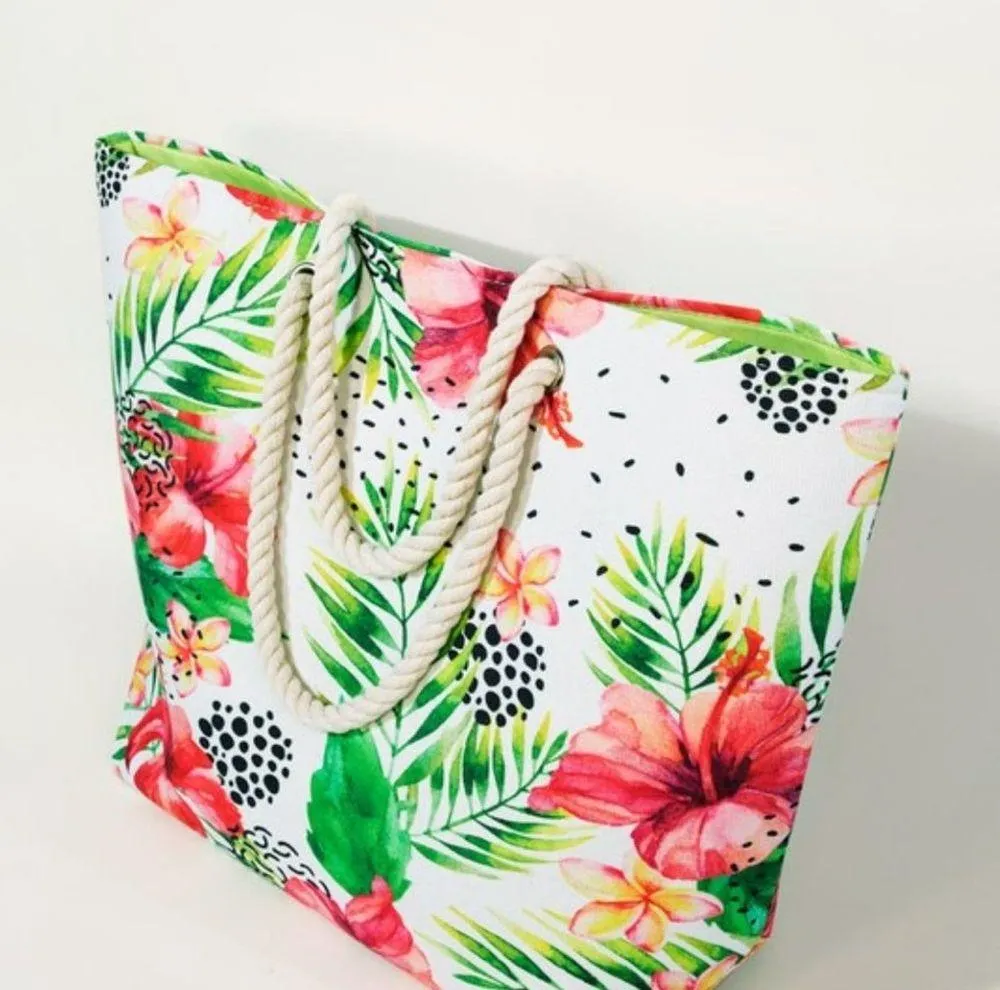 GREEN RED MULTI ABSTRACT & TROPICAL LEAF WITH FLOWER PRINT TOTE BAG - Image 4