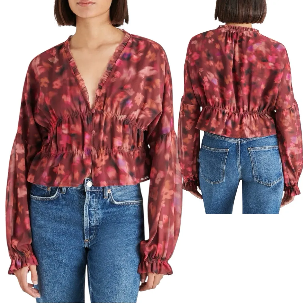 Steve Madden Floral Blouse - Burgundy and Pink | Size S - Image 3