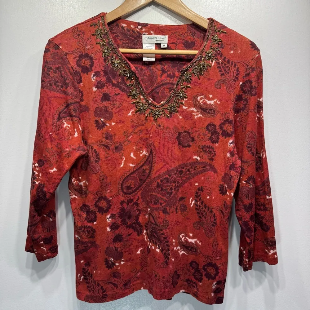 100% Cotton Rust Red Paisley & Floral Beaded 3/4 Sleeve Top M - Image 7