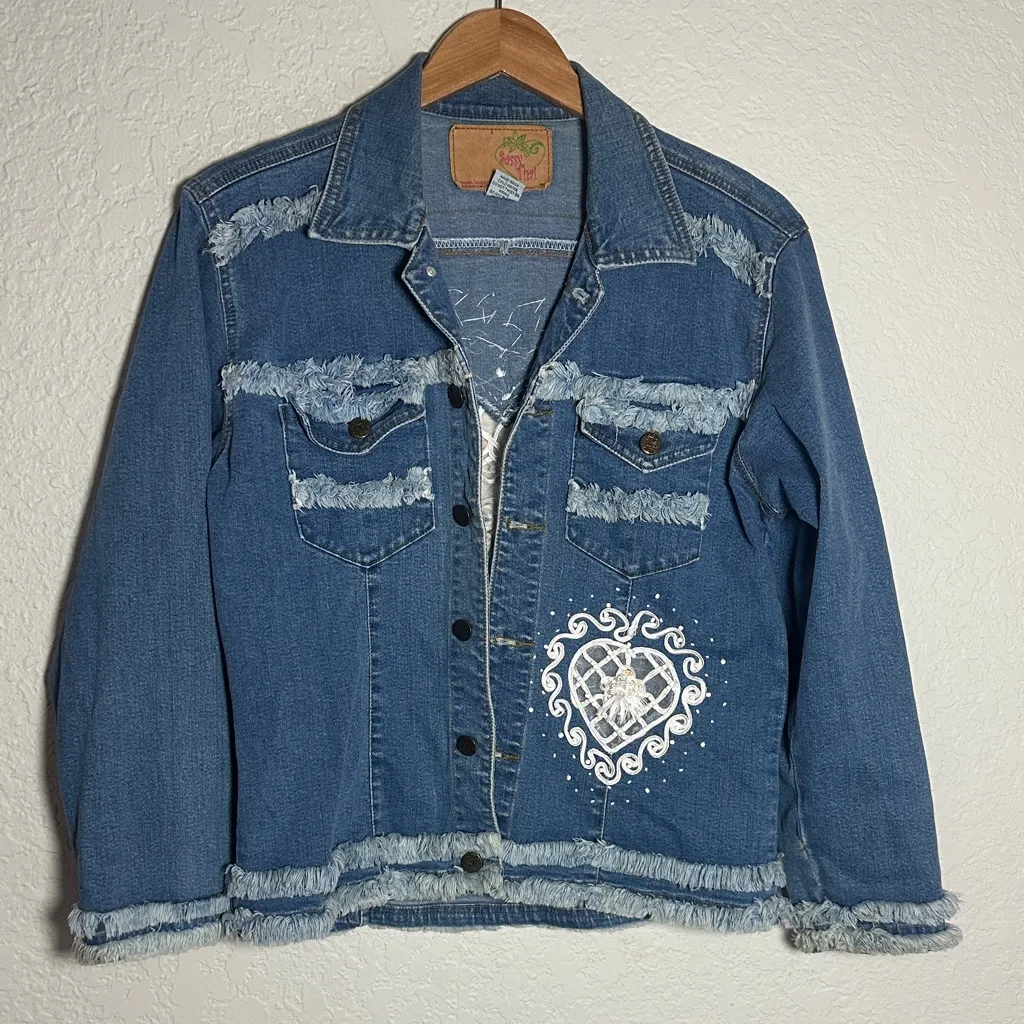 90s Denim Jean Jacket Embellished Heart Design White Fringe Valentines Pockets Blue Size M - Image 1