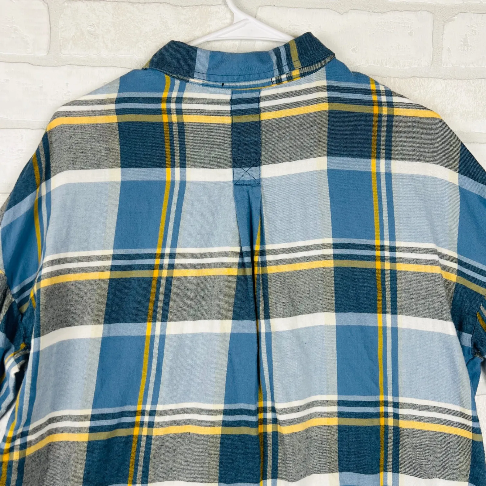 Prana Womens Button Down Plaid Flannel Shirt Long Sleeve Blue Yellow Large - Image 7