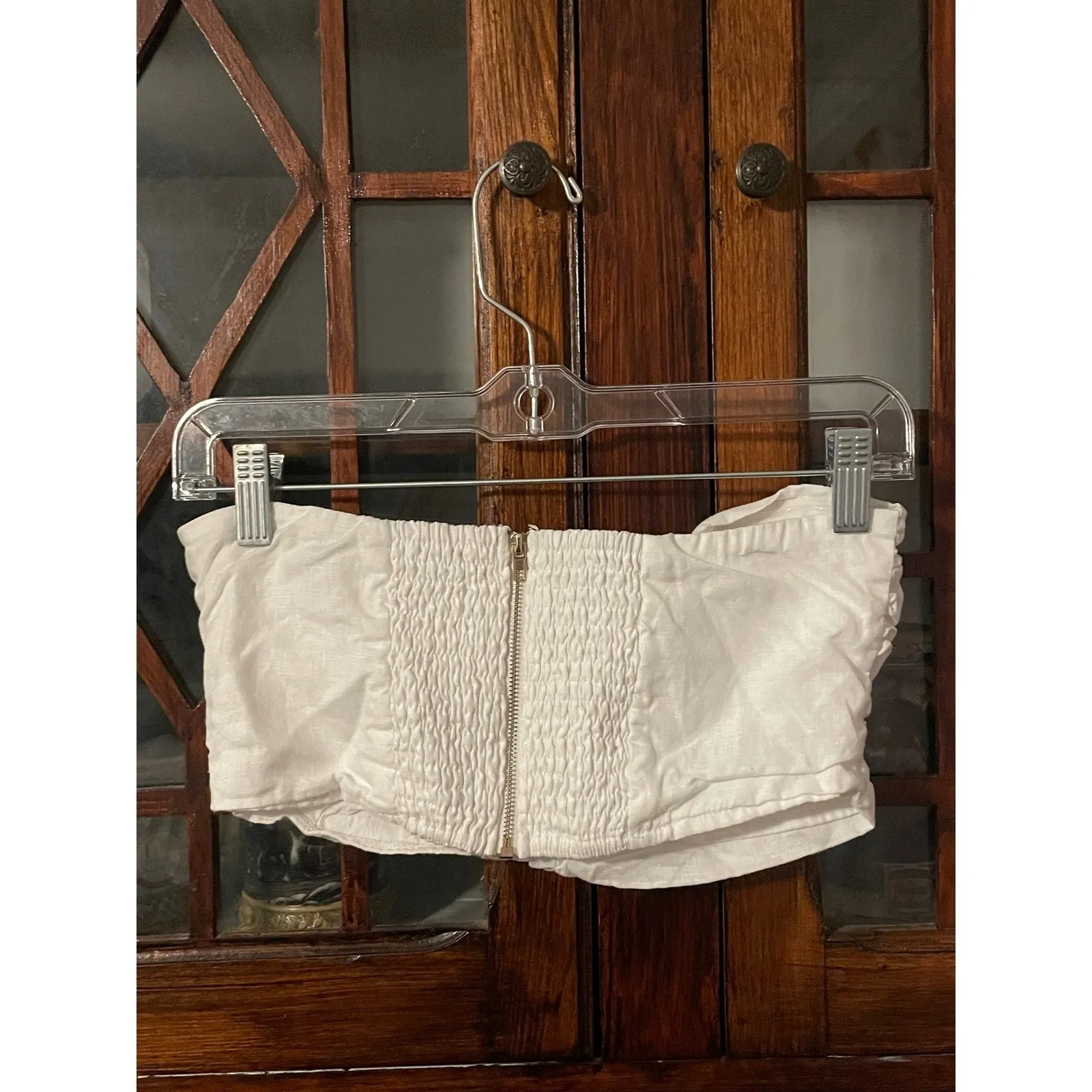 Dissh White Smocked Ruched Shirred Linen Strapless‎ Zipper Bustier Crop Top Size 6 - Image 3