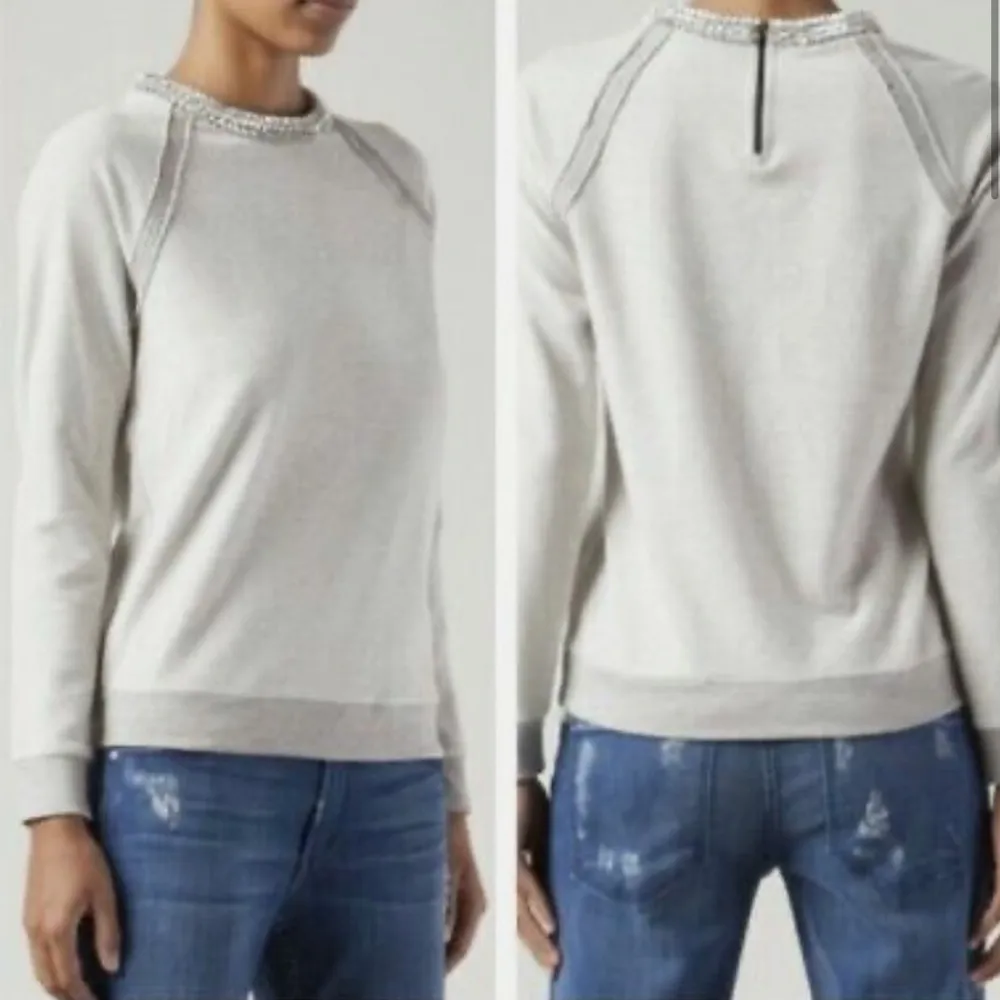 Herringbone Sweatshirt Crystal Necklace Reverse Weave Sweater sz M - Image 5