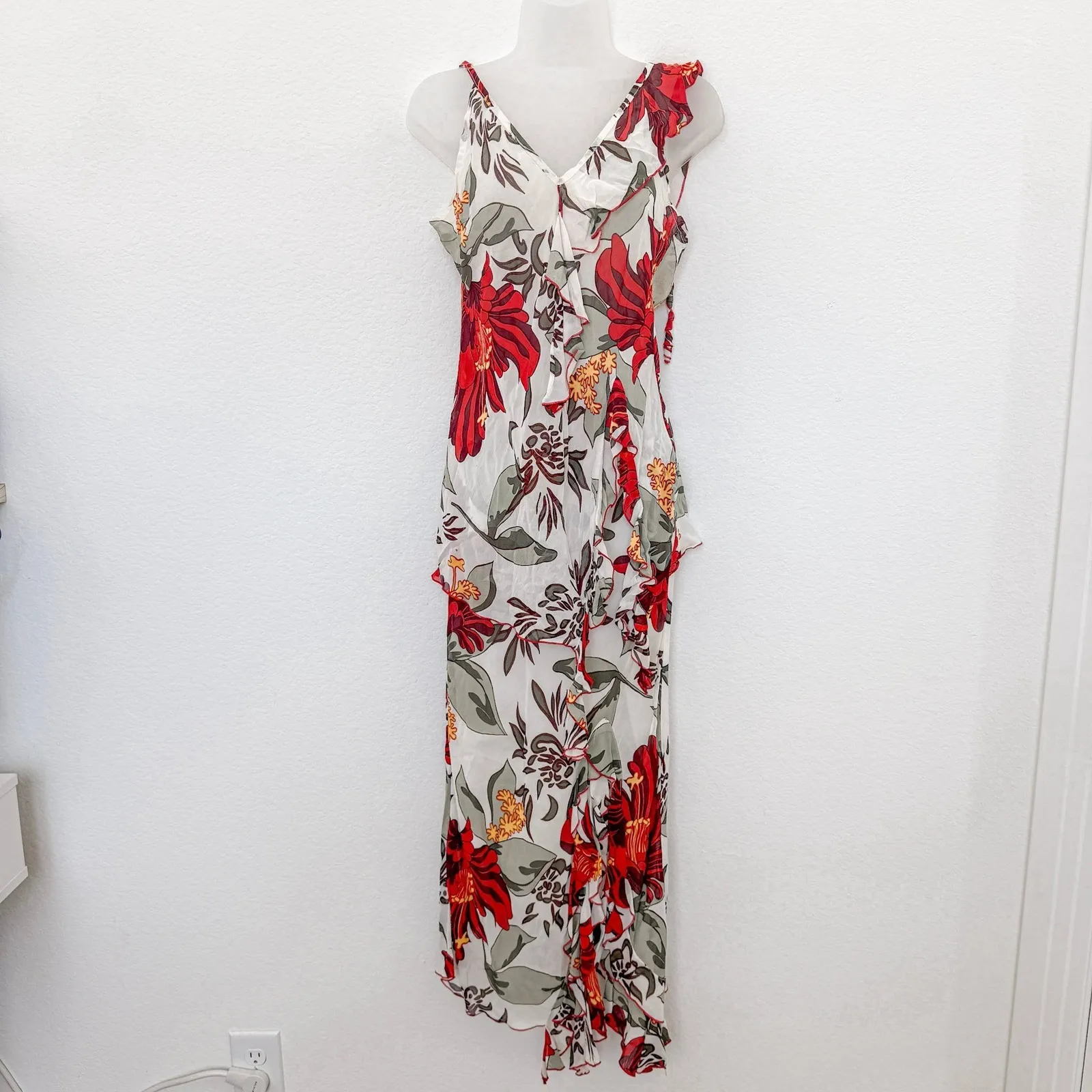 Y2K Womens Cami Skirt Set Size M White Red Floral Asymmetrical Boho‎ Euro Summer Size M - Image 2