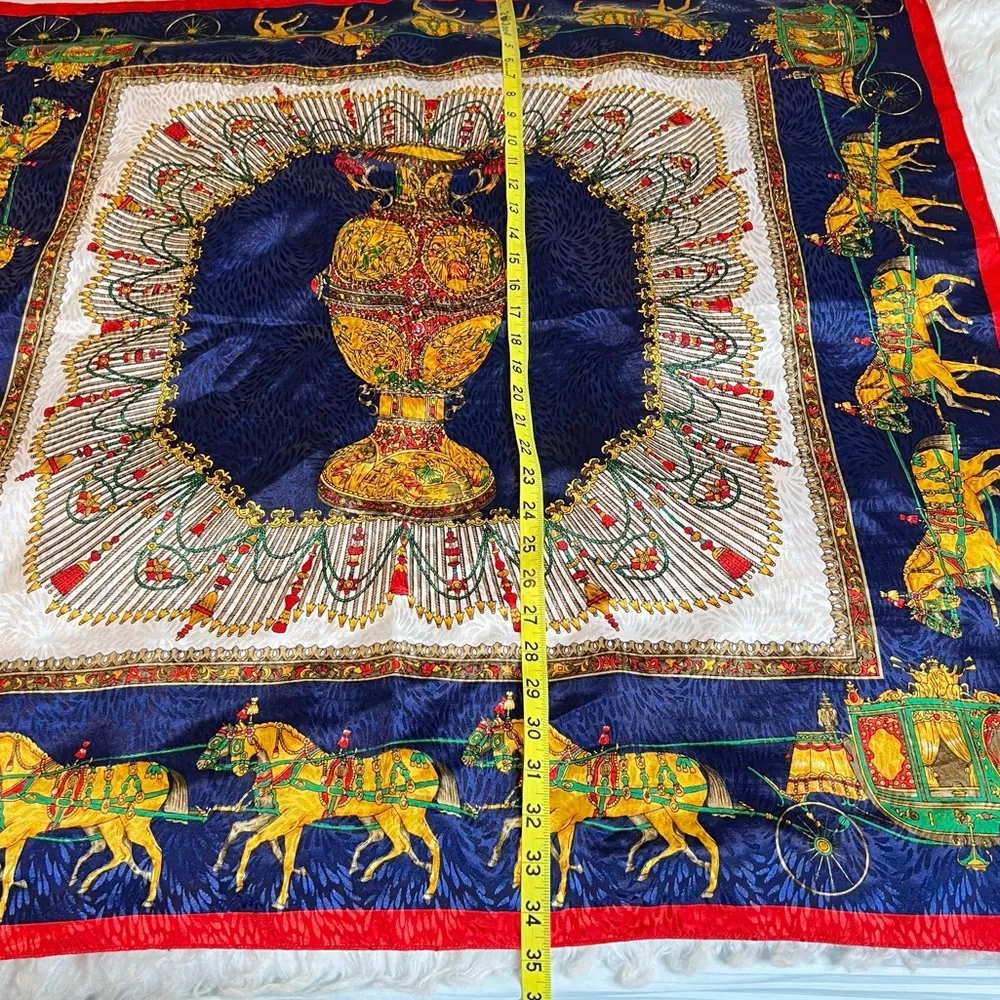 Vintage Square Scarf Horses Carriage Urn Vase 34” made in Korea polyester - Image 7