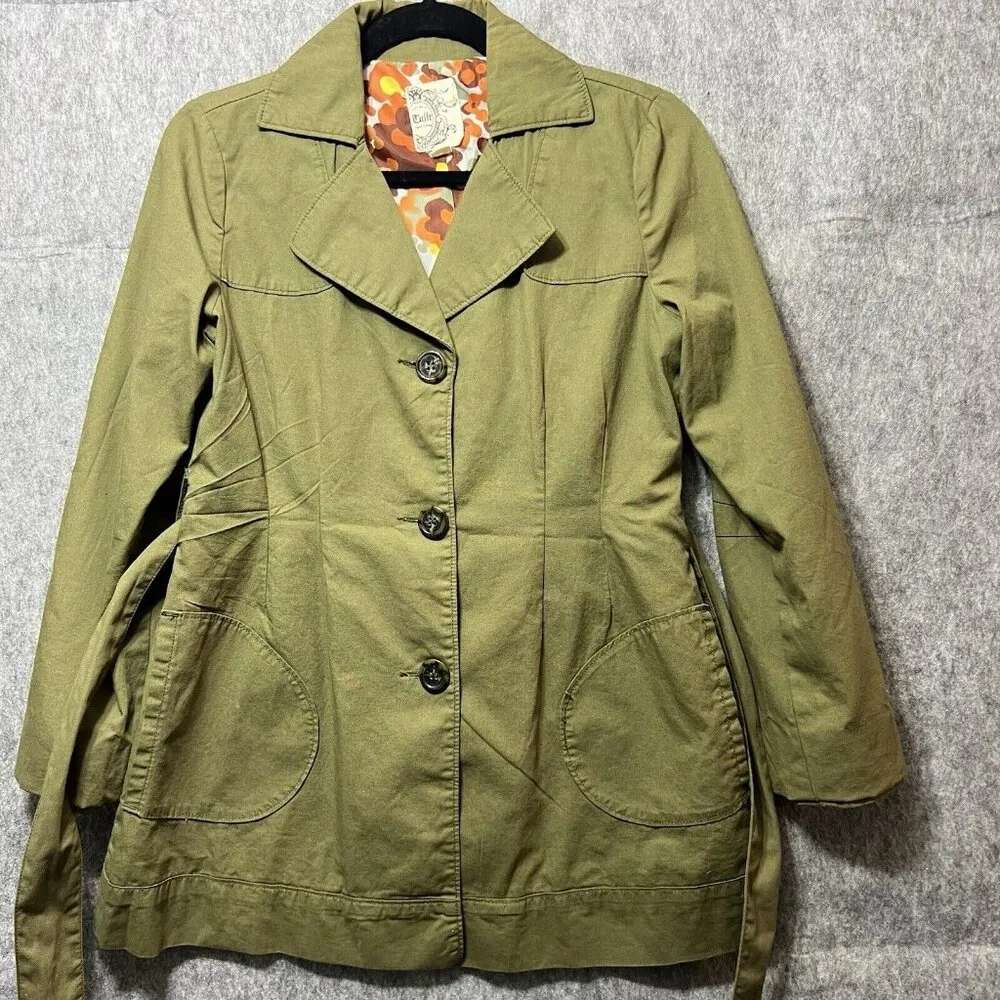 Anthropologie Tulle Jacket XS‎ Belted Trench Coat Green Button Front - Image 3