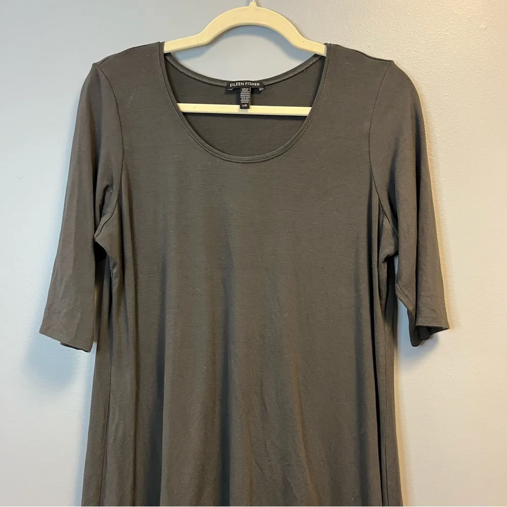 Eileen Fisher Top Grey (Bark) Scoop Neck Elbow Sleeve Tunic Mini Dress Sz L EUC - Image 5