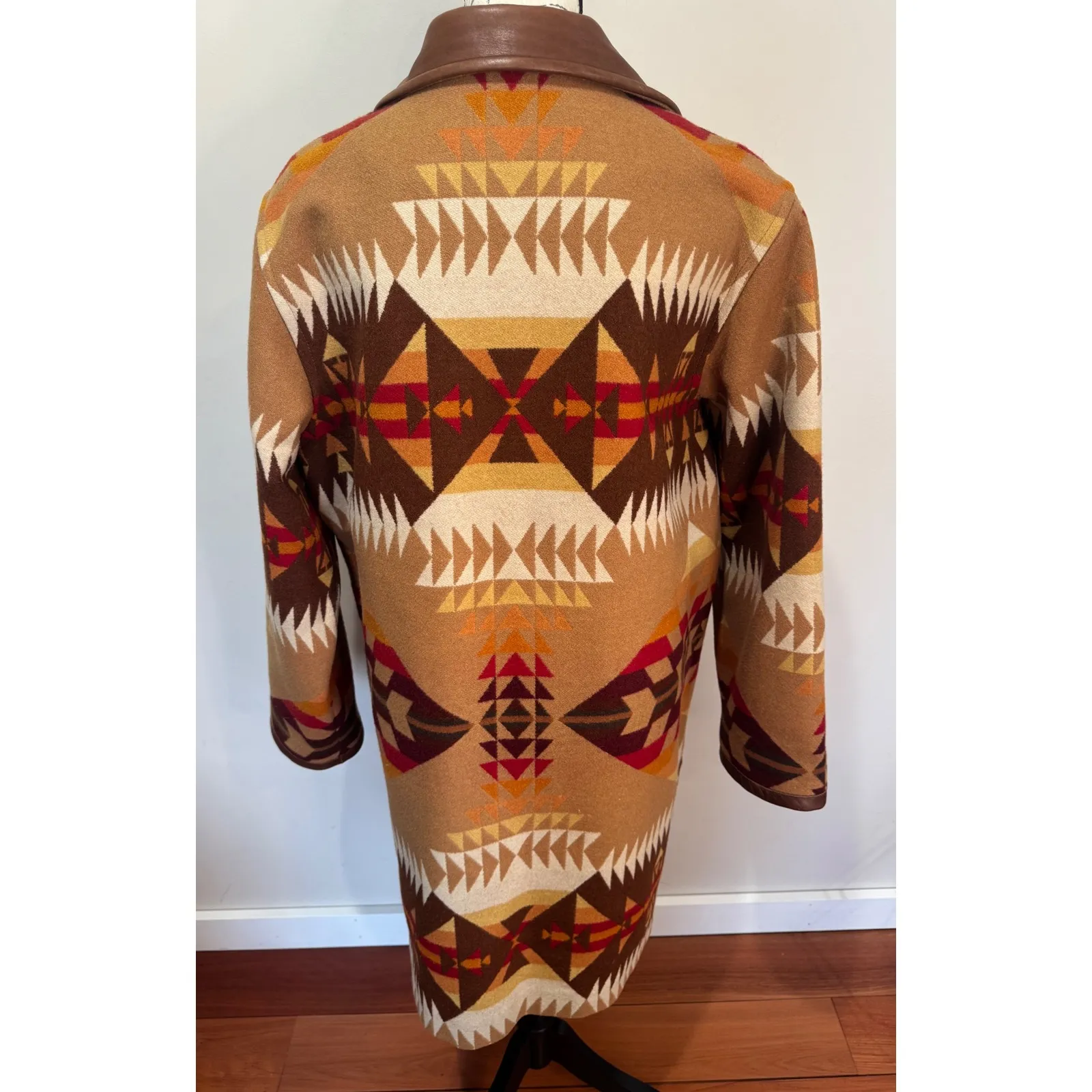 Vintage Pendleton Aztec Navajo Leather Wool blanket ranch car Coat jacket L - Image 3