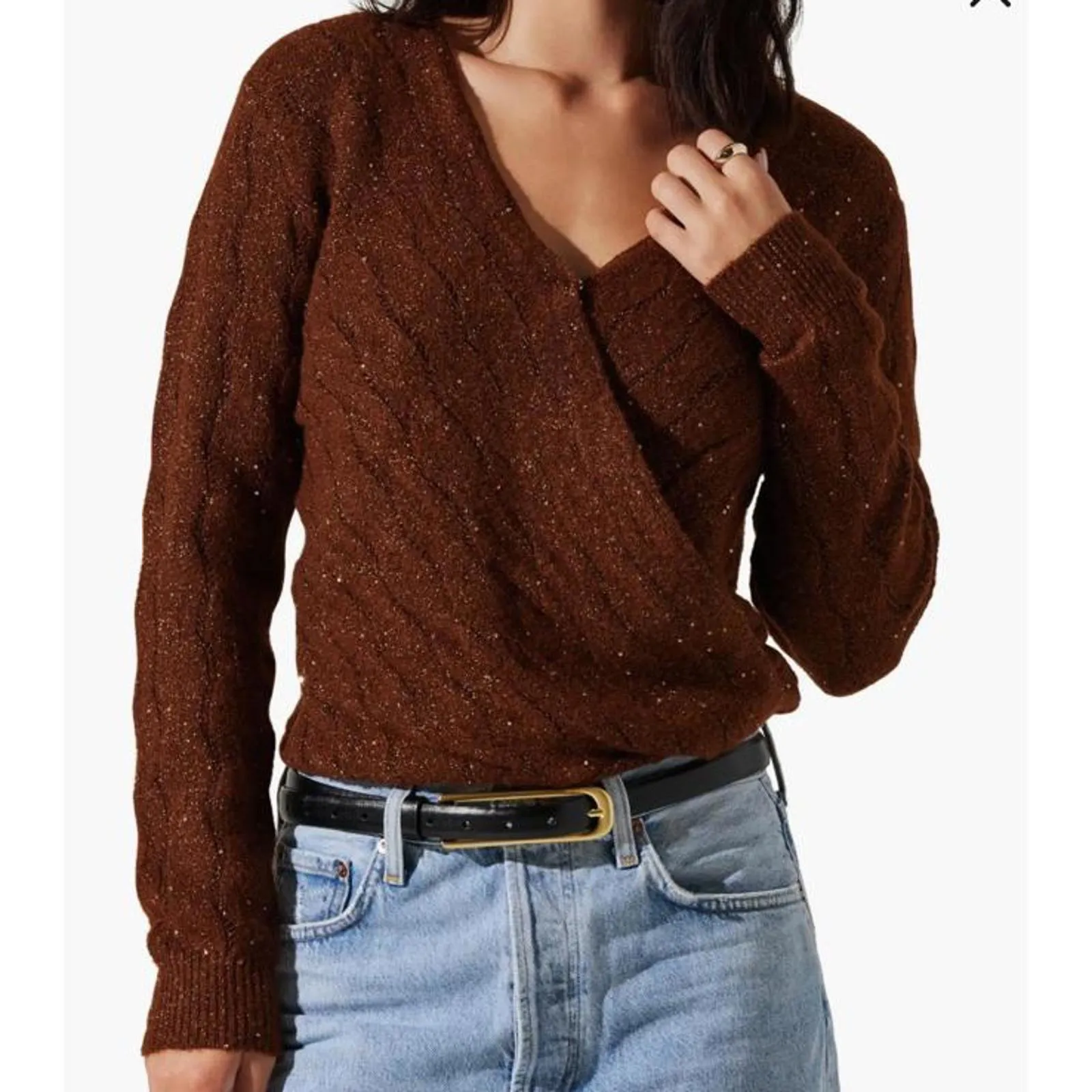 ASTR The Label Metallic Sequin Surplice Cable Stitch Sweater Copper Brown Medium - Image 12