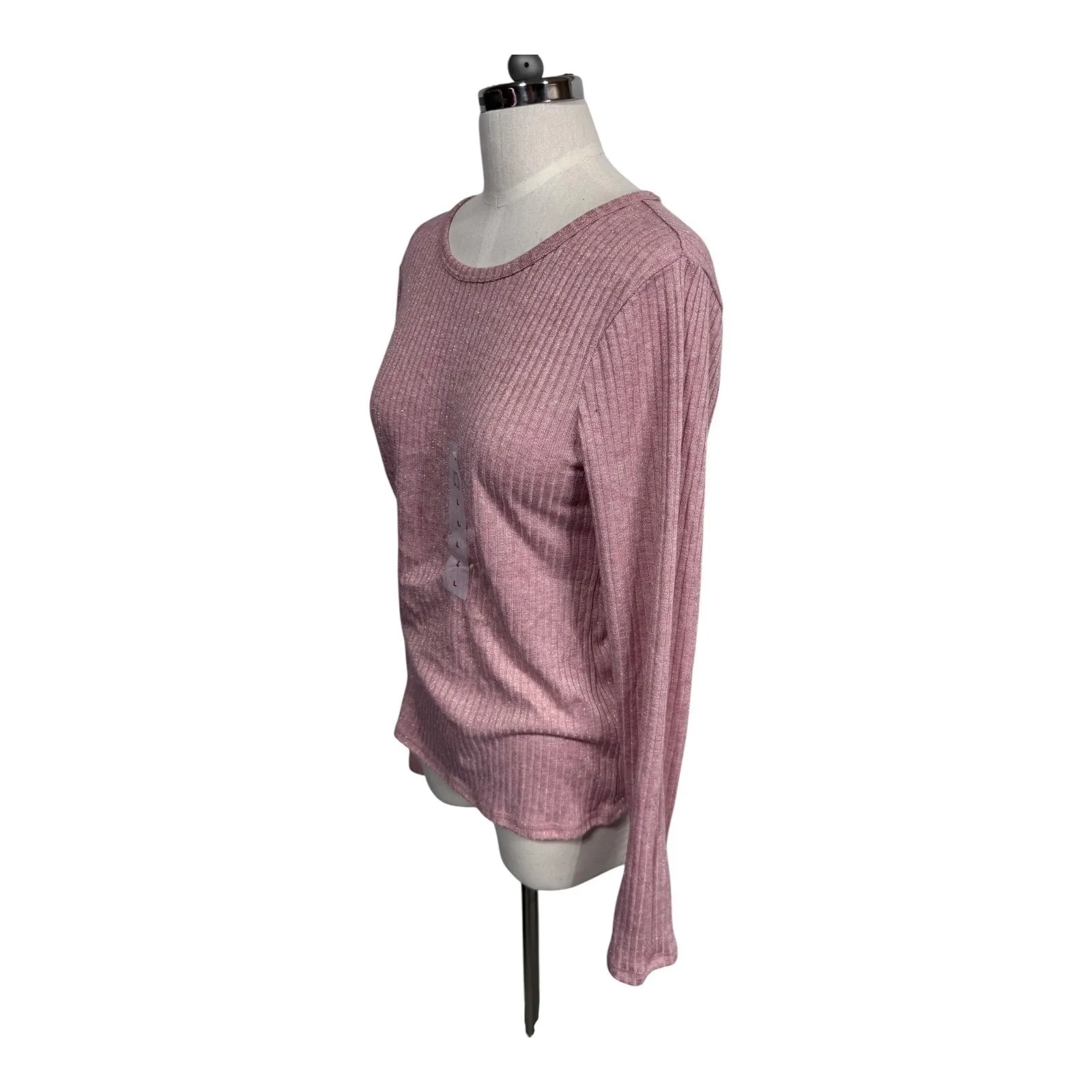 Old Navy Pink Metallic‎ Sparkly Ribbed Knit Long Sleeve Crewneck Top Size L New - Image 2