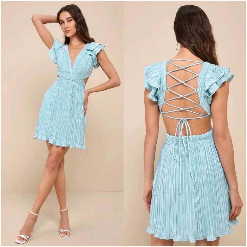 LULU’S Captivating Delight Teal Blue Plisse Satin Lace-Up Mini Dress - Image 2