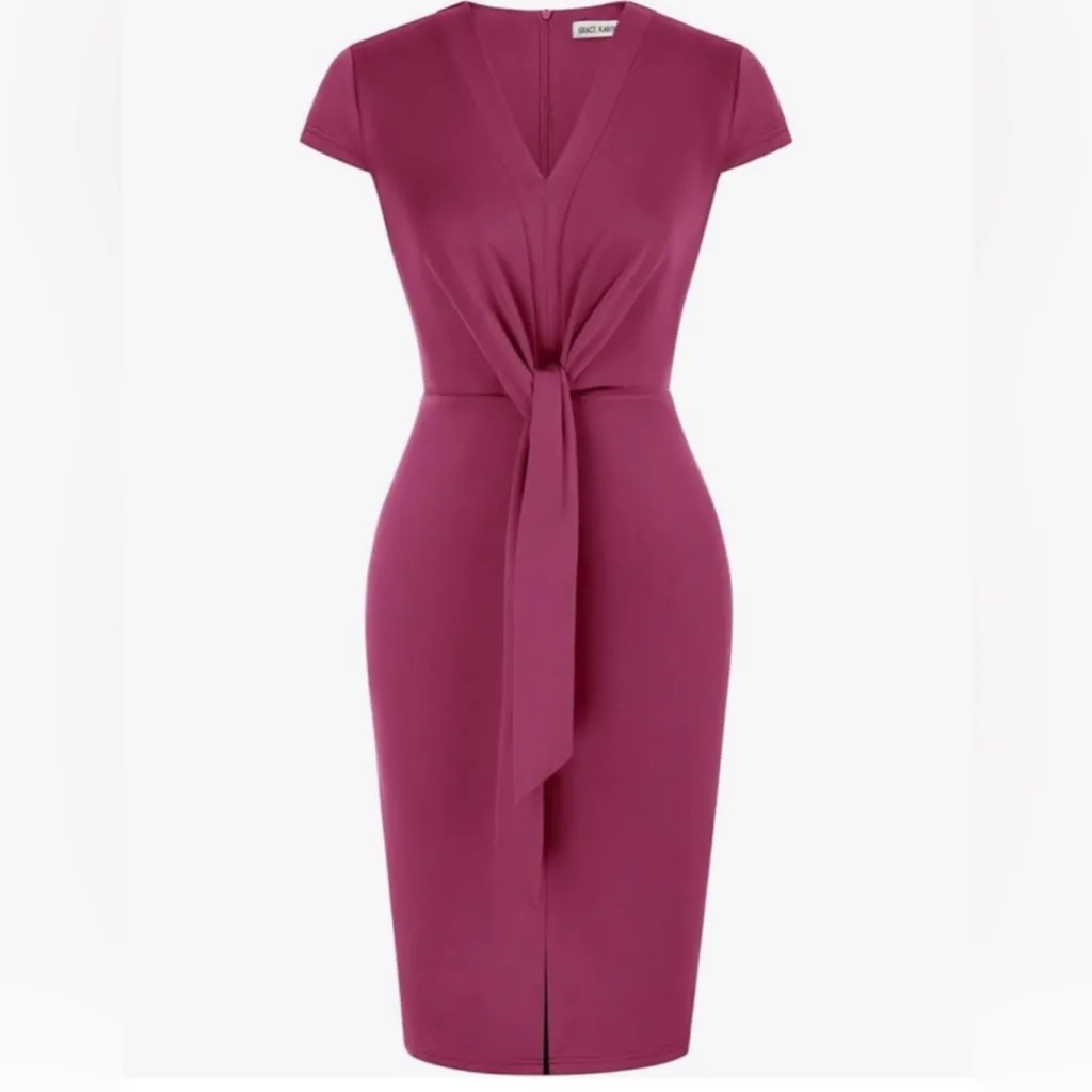 GRACE KARIN Midi Cap Sleeve Tie Waist Work Dress Slit V-Neck Business Casual S - Image 2
