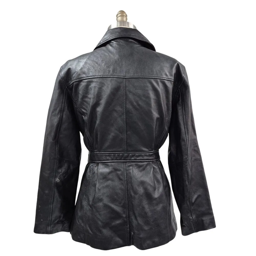 VTG JLC New York Black Leather Coat Fully Lined Belted womens Sz L Size L - Image 3