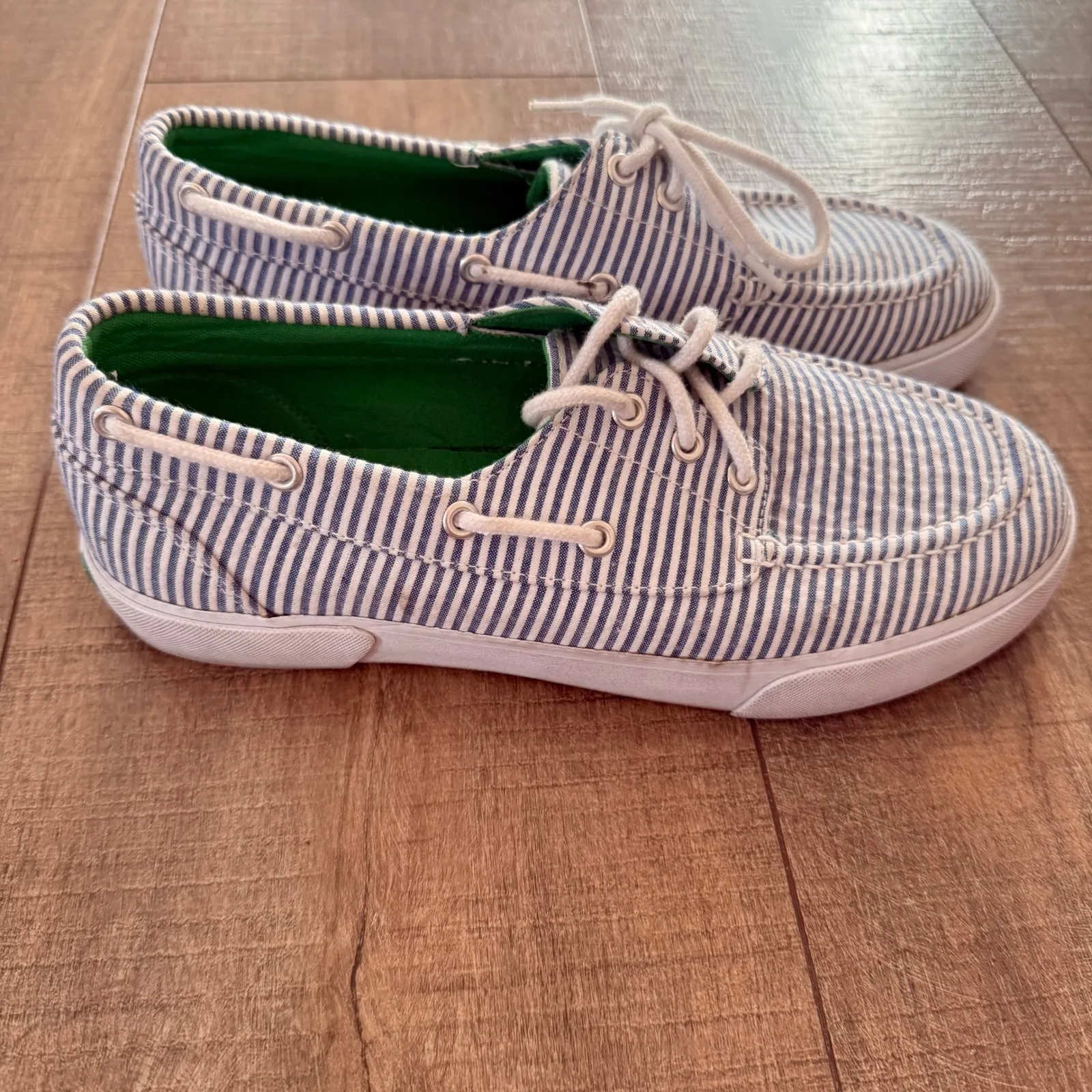 Womens Polo Ralph Lauren Boat Shoes Striped Lace Up Canvas Sneakers Lilia Size 8 - Image 10