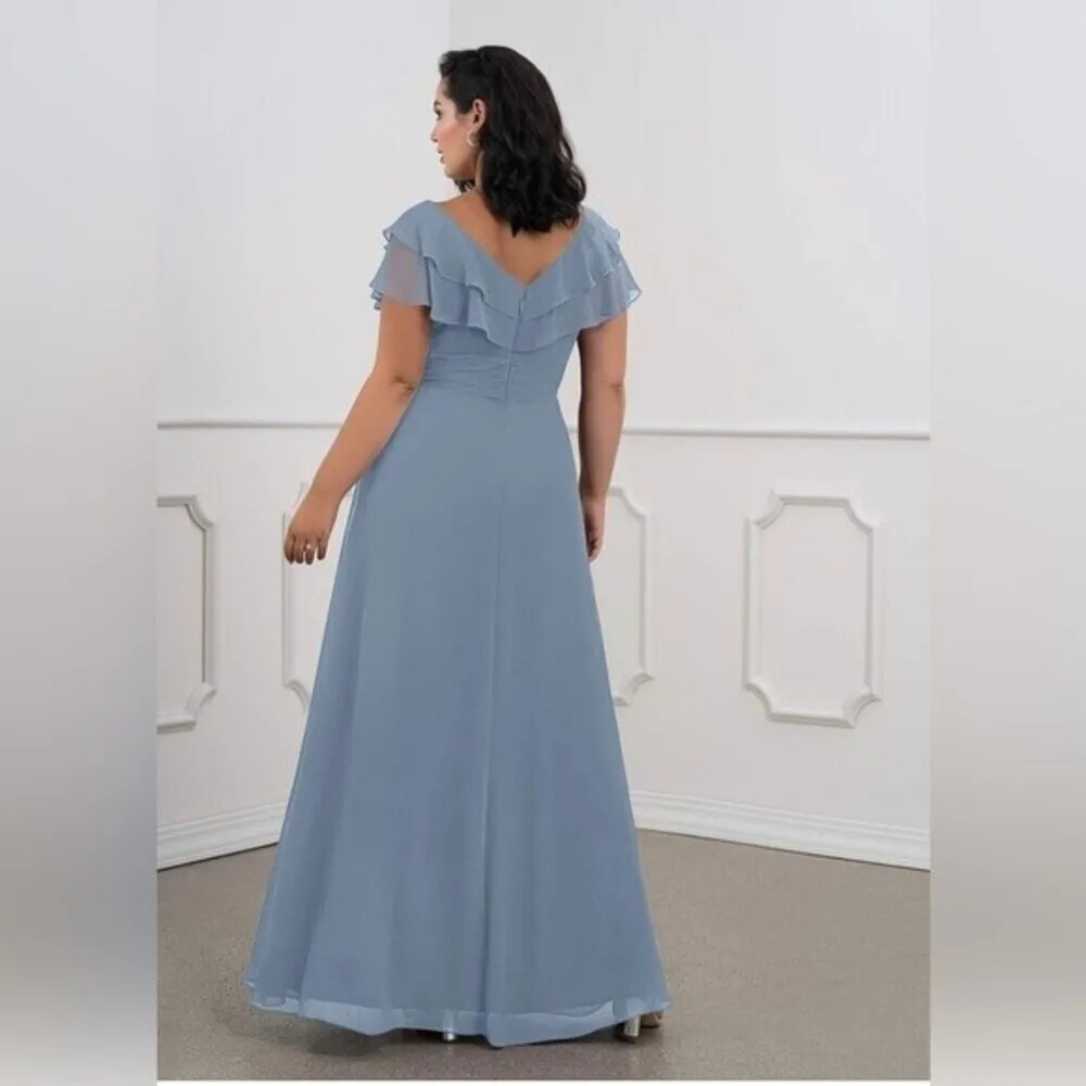 AZAZIE maxi dress A-Line Ruched Chiffon Floor-Length Dress Dusty Blue Size 10 - Image 3