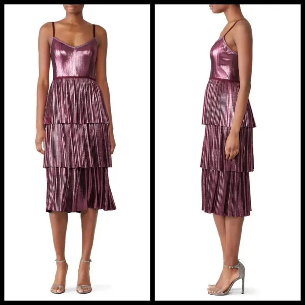 💕MARCHESA NOTTE💕 Lame Pleated Tiered Midi Length Cocktail Dress Lilac Purple 0 - Image 9